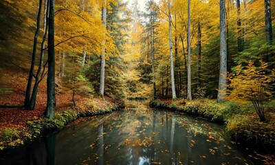 Wall Mural - serene forest pond surrounded by vibrant autumn leaves