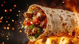 A mouth-watering grilled chicken wrap filled with diverse vegetables and spices, presented in a fiery backdrop, making it an appetizing choice for food lovers.