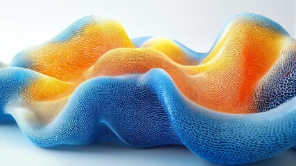Wall Mural - A vibrant abstract form with flowing contours of orange and blue, showcasing intricate textures and layers on a smooth background.