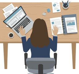 Poster - Woman working on laptop and documents in office setting with coffee cup and stationery on wooden desk 