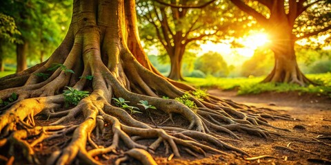 Exposed Tree Roots in Soil, Nature Ground Texture, Organic Background,  Rustic Woodland Scene, Earth Photography