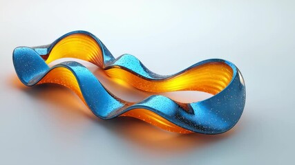 Wall Mural - A modern abstract sculpture with flowing curves in blue and orange hues, showcasing a glossy texture and vibrant design.