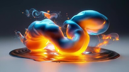 Wall Mural - A vibrant abstract sculpture made of fluid shapes in blue and orange, creating an ethereal glow over a smooth surface.