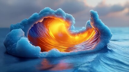 Wall Mural - A vibrant wave with orange and blue hues crashing in a tranquil sea, creating a stunning visual effect.