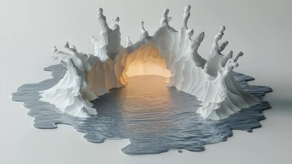 Wall Mural - A sculptural representation of waves with a glowing cave, showcasing a blend of water and light elements.