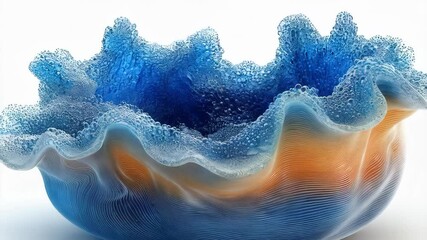 Wall Mural - A vibrant glass bowl with wavy edges, showcasing a blend of blue and orange colors with intricate textures.