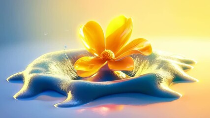 Wall Mural - A vibrant flower emerging from blue liquid, creating ripples and splashes, showcasing beauty and creativity.