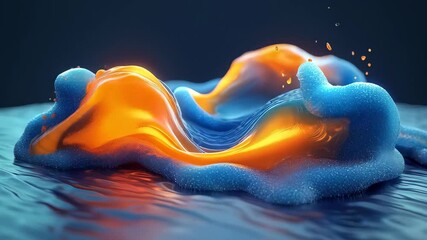 Wall Mural - An abstract display of vibrant blue and orange flowing shapes with a glossy texture on a dark background.