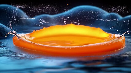Wall Mural - A vibrant splash of liquid, showcasing an orange ring against a dynamic blue background, with water droplets captured mid-action.
