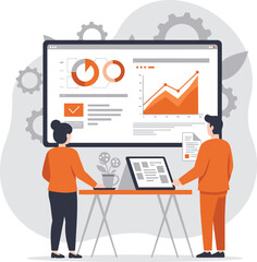 Poster - Business team analyzing orange graph charts and data on digital screens with gears background vector illustration