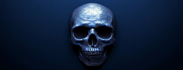 The merging of cybersecurity and data protection in futuristic technological advancements is represented by a digital skull composed of radiant code and matrix elements