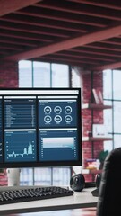 Fototapete - vertical video monitor showcases business trends and targeted marketing development, seo tools and a