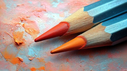 Aufkleber - Artistic Hues: A close-up shot of two colored pencils, one red and one orange, positioned against a background, evoking the joy of creativity and artistic exploration.