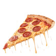 © ZAINAFOOD - slice of pepperoni pizza with gooey melted cheese, savory toppings, and a golden crust, isolated on a transparent background.