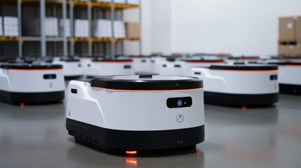 Poster - AI-assisted material handling robots organizing pallets in a clean smart warehouse zone, no people