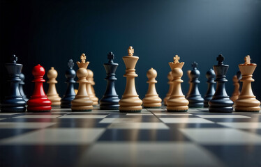 Poster - A single red pawn stands out against a backdrop of numerous black and beige chess pieces, poised on a classic checkered board.  The scene evokes strategy, competition, and a sense of being outnumbered
