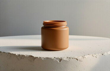 Aufkleber - a brown jar sits on a white textured surface against a plain grey backdrop in a studio shot. simple 