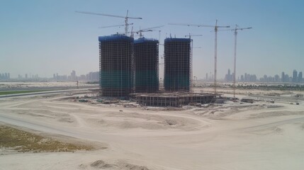 Poster - Cranes and scaffolding around an emerging high-rise in a developing urban area, no people