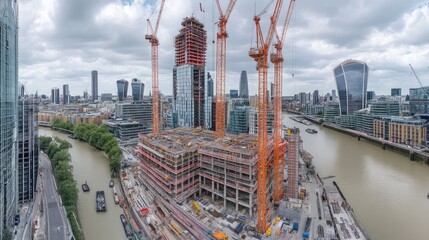Poster - Cranes and scaffolding around an emerging high-rise in a developing urban area, no people