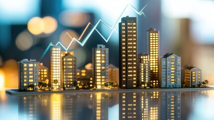 Poster - Growth chart rising behind miniature apartment models on a polished investment desk, no people