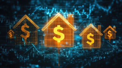 Poster - House silhouettes with rising graph lines and dollar symbols indicating capital appreciation, no people