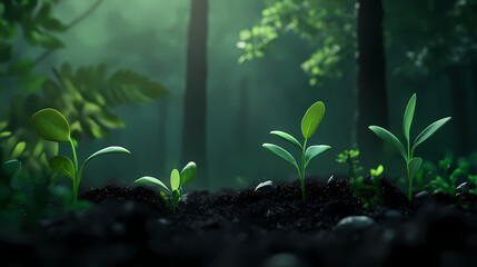 Wall Mural - small seedlings sprouting in dark soil with a quiet forest and the gentle light of early morning. li