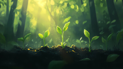 Wall Mural - small seedlings sprouting in dark soil with a quiet forest and the gentle light of early morning. li