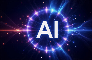 Poster - abstract digital image depicting ai with a vibrant glowing circle and radiating light beams against 