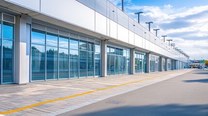 Poster - Large-scale commercial property from street level with minimalist signage and ample parking, no people