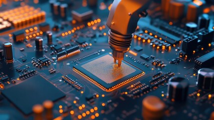 Poster - Robot arm installing tiny microchips onto printed circuit boards in a cleanroom environment, no people