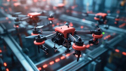 Poster - Scene of multiple synchronized robots assembling drones in a high-tech manufacturing environment, no people