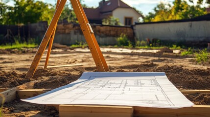 Poster - Site plan and blueprints laid out on sawhorse in active residential build site, no people