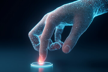 Poster - Digital Touch: A luminous hand made of data points and circuits presses a futuristic glowing button. 
