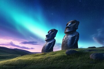 Wall Mural - Two statues of men are standing on a grassy hillside