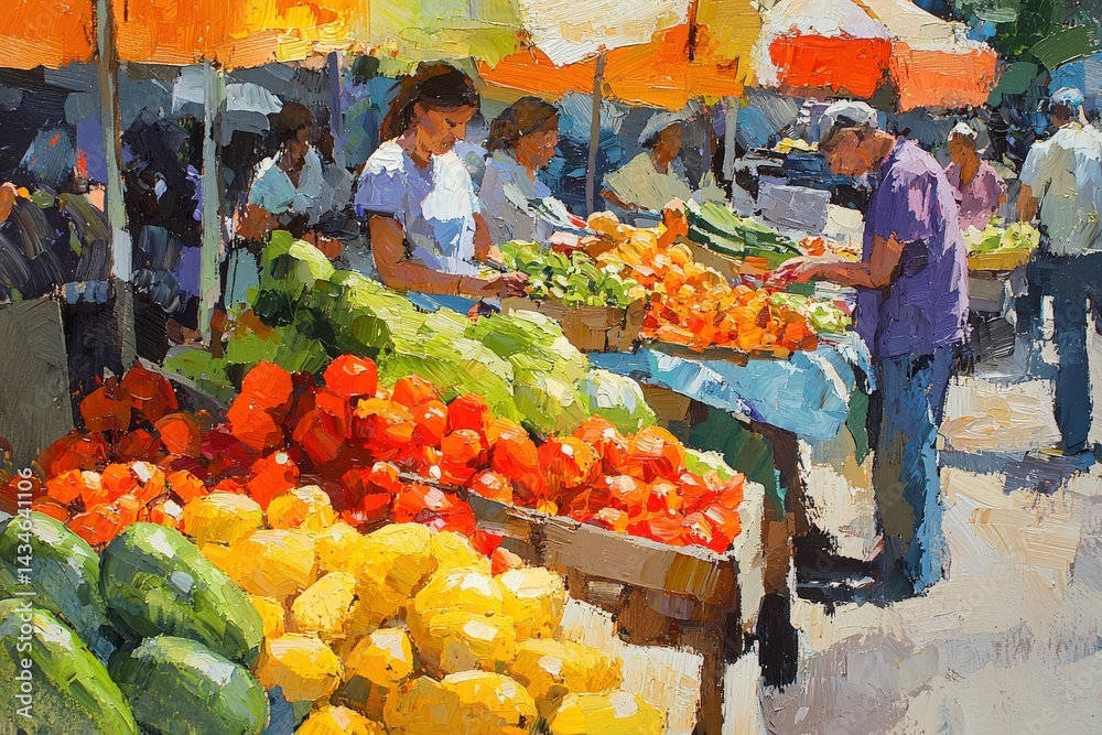 People browse and shop at a lively market filled with fresh, colorful fruits and vegetables. Stalls are adorned with bright umbrellas, creating a cheerful atmosphere on a sunny day.