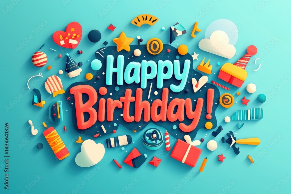 A vibrant birthday design showcases playful 3D typography with Happy Birthday at its center, surrounded by balloons, gifts, confetti, and other festive decorations, all on a bright blue background.