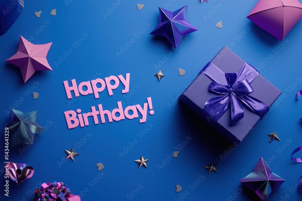 A vibrant birthday theme is displayed on a blue surface featuring a purple gift box adorned with a shiny ribbon, along with colorful paper stars and a cheerful greeting saying Happy Birthday.