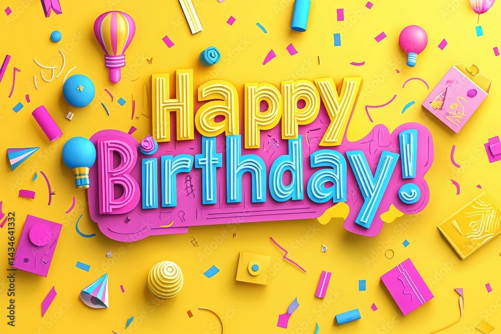 Vibrant backdrop featuring a cheerful birthday greeting surrounded by balloons, confetti, and colorful party decorations. Ideal for any festive birthday celebration or occasion.