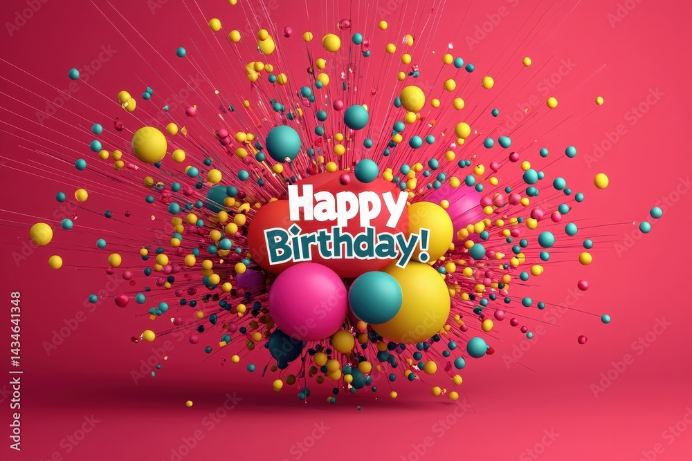A vibrant birthday greeting is displayed with bright balloons and colorful confetti bursting against a pink backdrop. The playful arrangement enhances the festive atmosphere of the celebration.