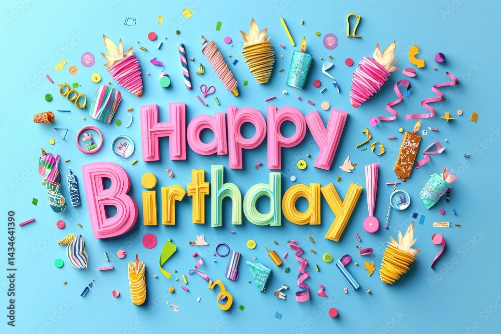 Colorful birthday decorations display the words happy birthday surrounded by vibrant party items like confetti and candles. This lively arrangement creates a joyful atmosphere for the celebration.