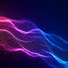 Poster - A vibrant digital wave of particles in pink and blue hues flows dynamically against a dark background, symbolizing data and abstract technology. Generative AI