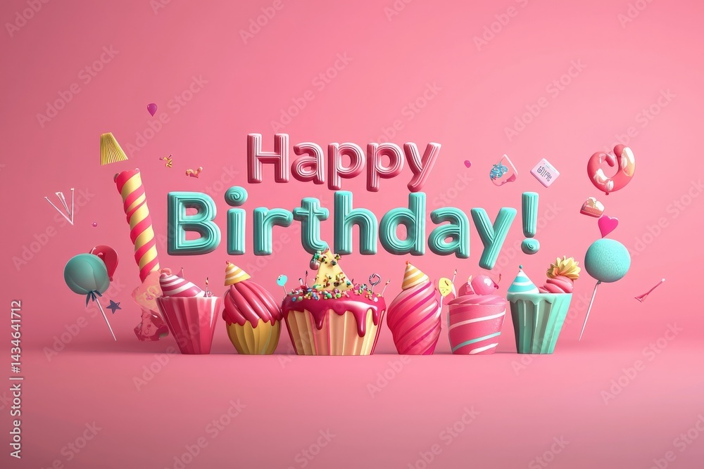A vibrant birthday celebration scene featuring a variety of cakes, sweets, and decorative elements against a pink background, creating a cheerful and festive atmosphere.