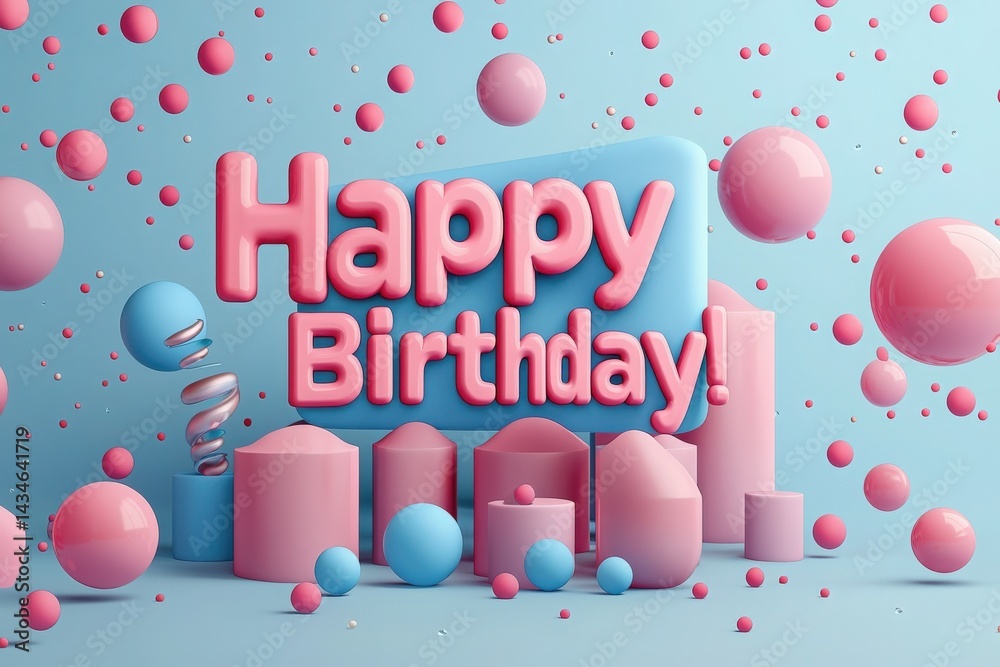 Unique birthday greeting featuring vibrant 3D text and geometric shapes in pink and blue colors. The playful arrangement showcases a festive atmosphere perfect for celebration.
