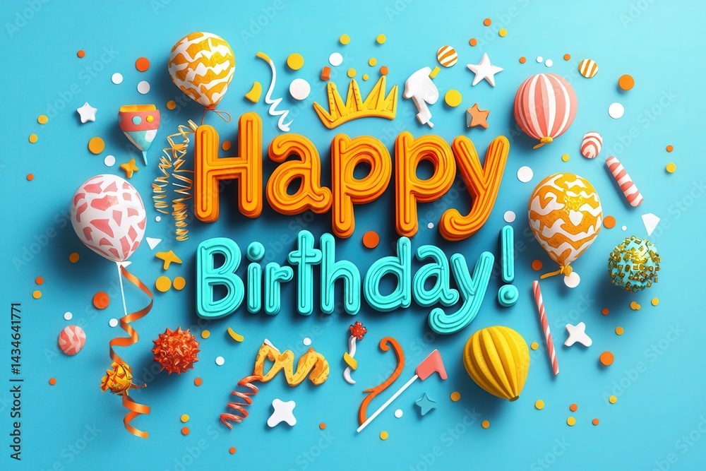 Colorful decorations fill the space, featuring vibrant balloons, playful confetti, and a joyful Happy Birthday greeting. The backdrop is a bright blue, enhancing the festive atmosphere.