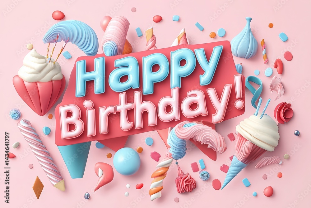 Colorful birthday-themed decorations include cake, candy, and festive elements arranged on a pink background. The joyful atmosphere is captured with the phrase Happy Birthday prominently displayed.