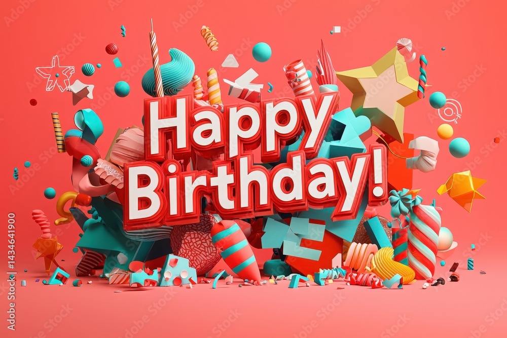 Colorful swirls, stars, and candy adorn a vibrant background. Central text wishes a happy birthday amidst whimsical shapes, evoking a cheerful celebration atmosphere perfect for parties.