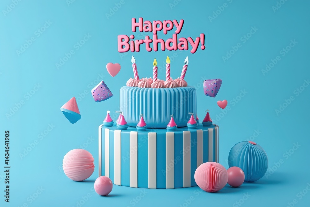 A two-tiered birthday cake features vibrant blue and pink stripes, topped with colorful candles and decorative elements. The festive atmosphere is enhanced by hearts and fun shapes scattered around.