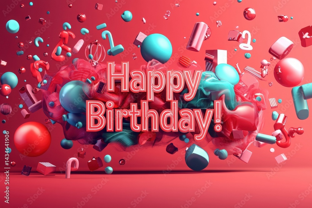 A whimsical display of colorful geometric shapes and balloons bursts forth around the joyful birthday greeting. Vivid shades of pink and teal create a lively atmosphere perfect for celebration.