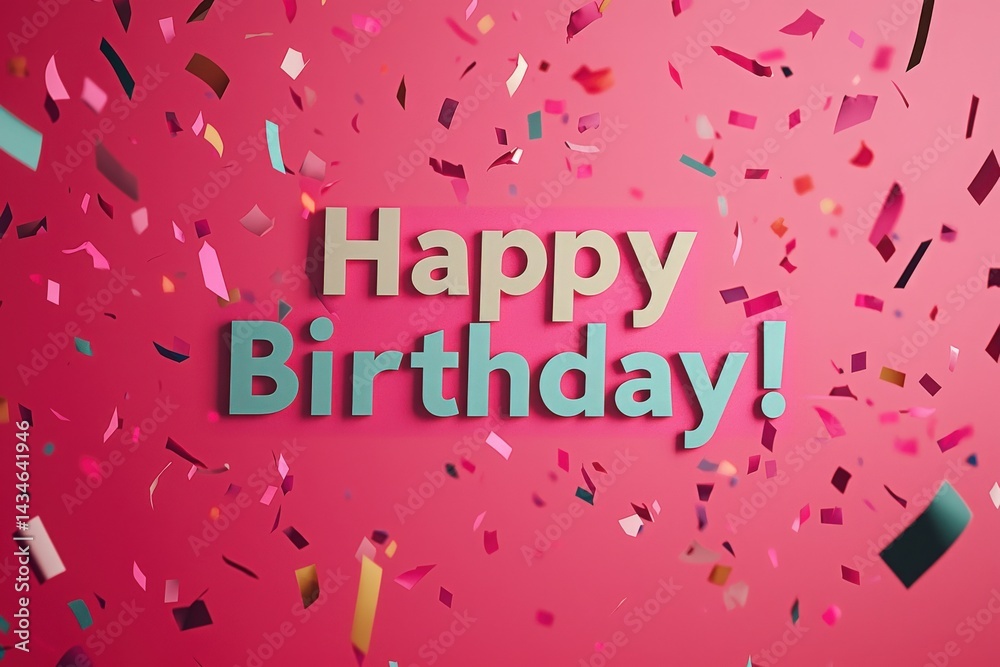 Bright and cheerful confetti falls around the bold lettering that reads Happy Birthday on a vibrant pink background.