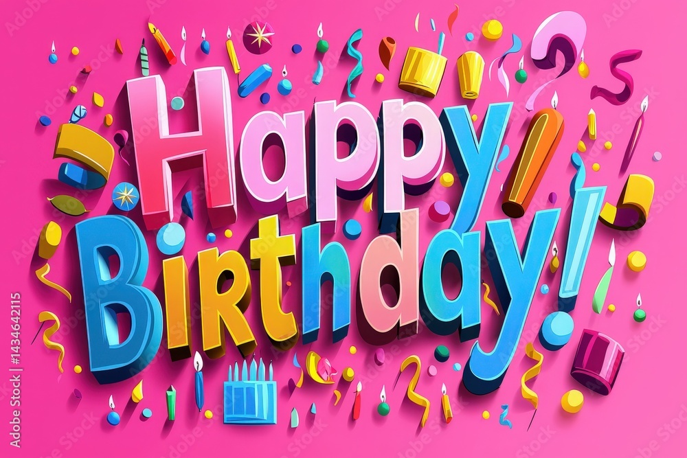 A vibrant birthday design showcases bold Happy Birthday! lettering on a pink background, accented by candles, confetti, and party hats for a festive touch.